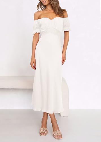 Image of KIRUNDO Women's Satin Summer Wedding Guest Cocktail Dress | 2026 Spring Fall Party Midi Dress, Silky, Elegant Off Shoulder Short Sleeve, Ruffle Mermaid Hem, Wrap Prom Formal Outfits