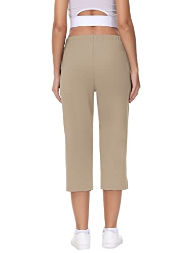 Women's Cropped Capri Pant Pull On Workout Drawstring Summer Capri Pants With Pockets Ladies Lightweight Yoga Capri/Ankle Pant (Khaki, M) #TOP2