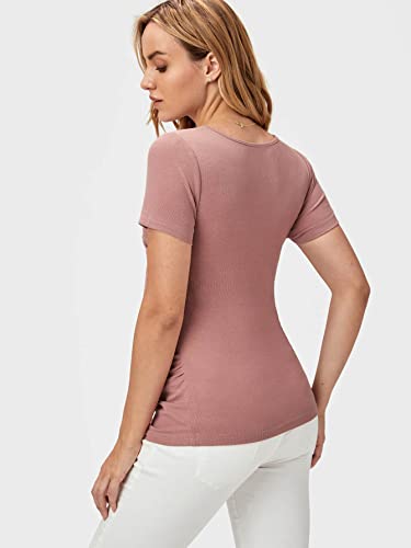 Verdusa Women's Maternity Nursing Tee Top Short Sleeve V Neck Wrap T Shirt Dusty Pink S #TOP1