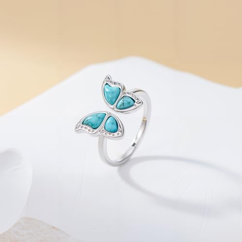 Butterfly Ring for Women 925 Sterling Silver Natural Turquoise Butterfly Ring Victorian Style Western Promise Statement Ring Turquoise Vintage Adjustable Jewelry Gifts for Mom Wife2
