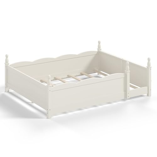 Image of Bellemave Queen Size Montessori Floor Bed Frame with High Fence, Solid Wood Kids Floor Bed with Bookshelf, Low Profile Bed for Boys & Girls, Childlike Design,Beige