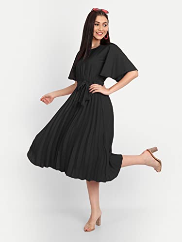 Image of KUDUZO Women's Crepe Long Pleated Below Knee Length Flutter Sleeve Round Neck S to XL Maxi Dress for Girls. (EG-U0IM-B9A1)