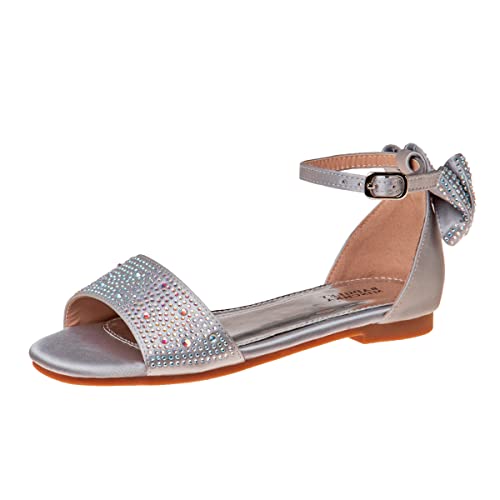 Badgley Mischka Toddler Girls Sandals - Kids Dress Shoes Slip-On Party Open Toe Flat Sandal Rhinestone Strappy Glitter (Bow Ankle Buckle) (Little Kid/Big Kid) (RoseGold Black)
