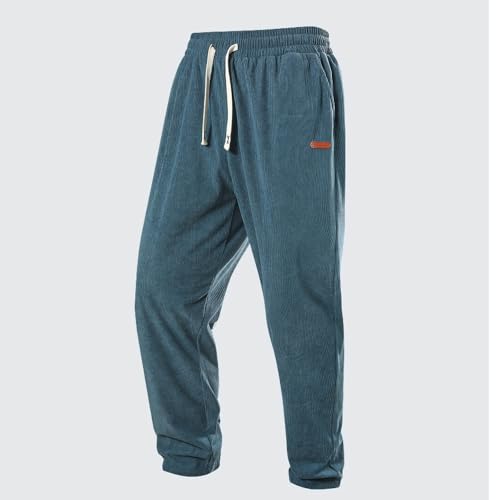 Corduroy Pants Men Baggy Cotton Blend Casual Drawstring Elastic Waist Straight Leg Sweatpants with Pockets2