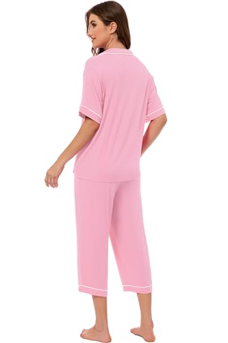 Image of LUBOT Womens Bamboo Viscose Pajamas for Women PJ Set 2 Piece Cooling Soft Short Sleeve Capri Pants Summer Sleepwear Set S-XXL
