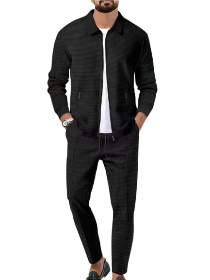 Image of Jawdrobe Men's Zipper-Check Co-Ord Set | Self-Textured Collar Top | Drawstring Jogger Pants | Cotton-Blend Loungewear Night-Suit | Mans Casual Travel Two-Piece