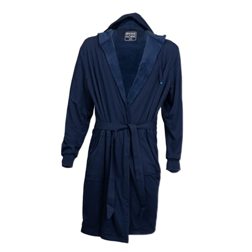 DudeRobe Men’s Navy S/M Hooded Robe & S/M Casual SweatShorts with Drawstring from Shark Tank! Comfy & Absorbent Cotton Robe for After Shower, Perfect Father's Day Gift2