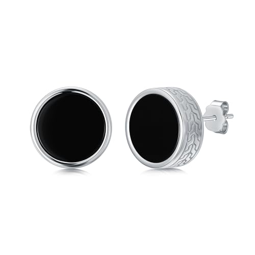 Pendientes de plata de ley 925 con obsidiana negra para hombre en formato de botón discreto
