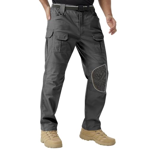 PandaVoy Mens Stretch Tactical Work Pants with Removable Knee Pads Water-Resistant Ripstop Cargo Pants for Outdoor & Hiking Lightweight Slim Fit Grey 38 30