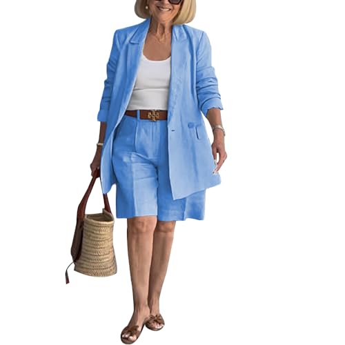 ZOCAVIA Womens Blazer Shorts Set Suit Set 2 Piece Dressy Short Sets Solid Open Front Long Sleeve Suit Jackets and Short Pants