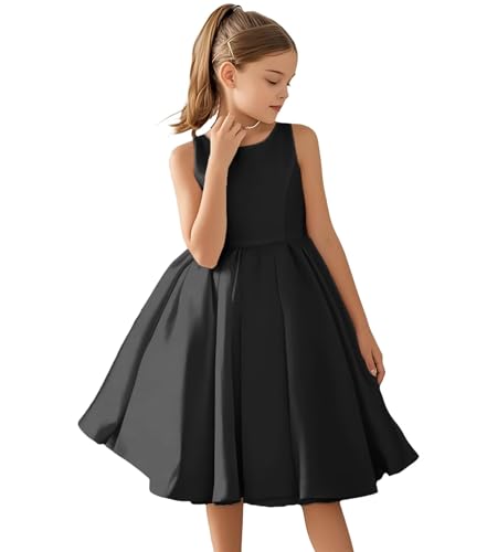 Satin Flower Girl Dress Ball Gown Tea Length Princess Pageant Dresses with Bow First Communion Dress