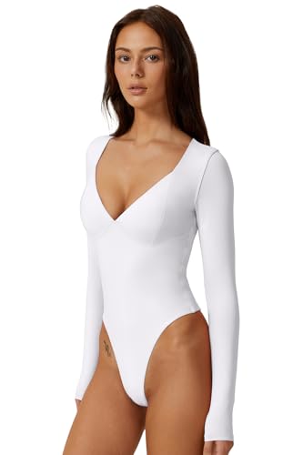 Image of QINSEN Women's Long Sleeve Bodysuit V Neck Body Suits Seamed Cup Going Out Tops Shirt