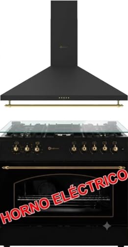 PACK SOLTHERMIC F9L50E5RB HORNO PANORAMICO ELECTRICO Y CAMPANA H90PR NEGRO RÚSTICO ACABADOS DORADOS / 90 CM/HORNO 115l