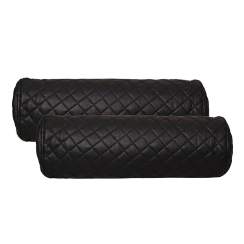 Neck Roll Pillow Cushion Cover, 16x5 Inch Full Moon Round Bolster Pillow Case, Cylinder Soft Lambskin Leather Pillowcase for Head, Spine & Neck Support During Sleep - Quilted Black Pack of 2