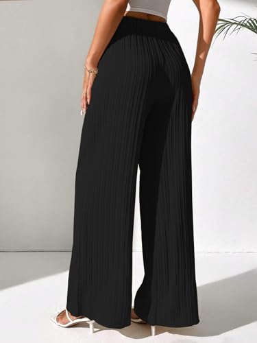 Image of Leriya Fashion Women Pleated Wide Leg Pants High Waist Elastic Palazzo Trousers | Summer Casual Lounge Wear Lightweight Flowy Straight Fit Comfortable Travel Beach Office Everyday Wear Stylish Bottoms
