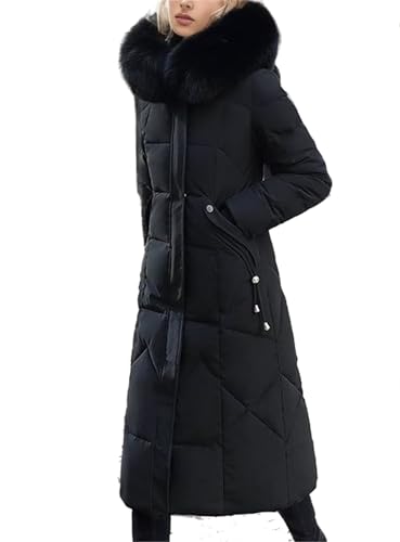 Women's Artificial Fur Collar Warm Quilted Jacket Coat Solid Color Mid Length Coat with Large Pockets