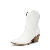 DREAM PAIRS Women's Cowboy Ankle Boots Western Booties Low Heel Pointed Toe Cowgirl Boots,Size 8.5,White-Embroidery,SDAB2302W