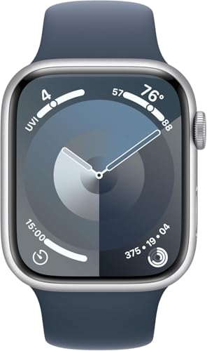 Image of Apple Watch Series 9 [GPS 45mm] Silver Aluminum Case with Storm Blue Sport Band S /M (Renewed Premium)