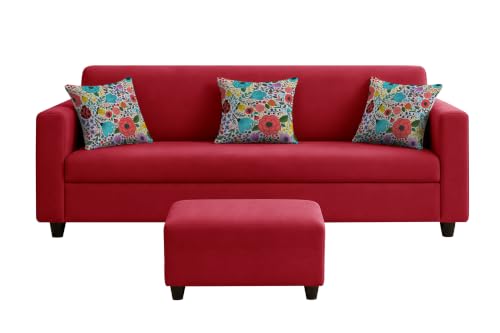 Image of Rosebell 3 Seater Sofa with Ottoman | Living Room Couch | with Printed Cushions | Sofa for Home, Apartment & Office-Red Color