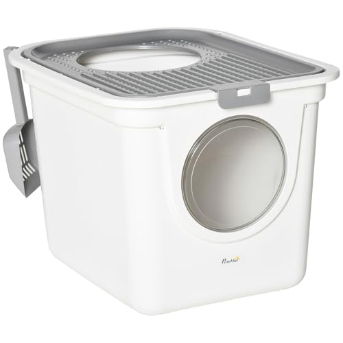 PawHut Katzentoilette mit Deckel Katzenklo mit Schaufel, Toilette für Katzen bis 5 kg, für Indoor, Kunststoff, Grau+Weiß, 44 x 55 x 39 cm
