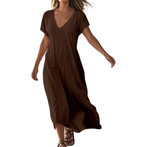 Vestido Informal Holgado de Lino con Cuello en V y Manga Corta para Mujer, Color Liso, cómodo para el día a día. (Brown, S)