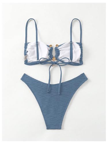 SweatyRocks Women's 2 Piece Bikini Set Tie Backless High Cut Swimsuit Textured Bathing Suit3