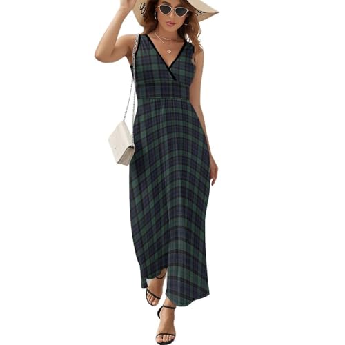 Image of Scottish Blue-Green Plaid Fashion Sleeveless Maxi Dresses Summer Dress Long Beach Sundresses with V Neck for Women S