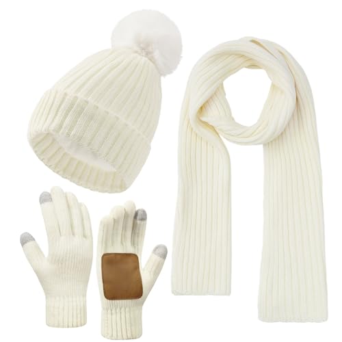Winter Beanie Hat Scarf Gloves Set for Women Knit Scarf Stay Warm Hats Touch Screen Gloves Winter Essentials