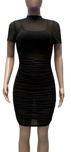 Women See Through Bodycon Dress - Sexy 3 Piece Outfits Cami Top Shorts Ruched Sheer Mesh Midi Party Dress4