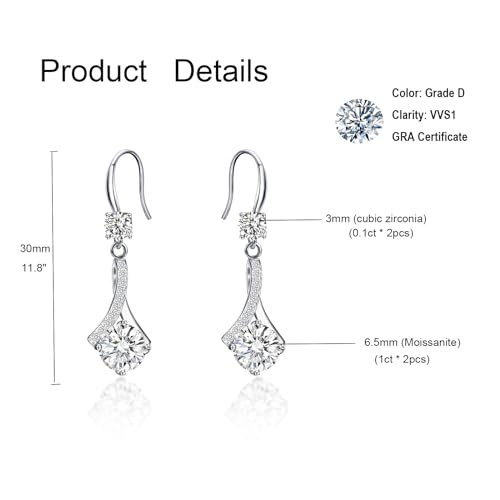Moissanite Dangle Drop Earrings for women, 925 Sterling Silver Hook Earrings 18K White Gold D Color VVS1 Moissanite Diamond Earrings for Women Hypoallergenic Jewelry Gifts4