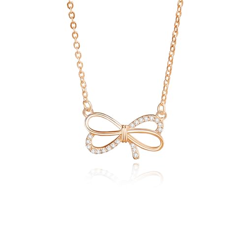 Musihy Necklaces For Women Fashion Jewelry, 9K Rose Gold Necklaces Delicate Bowknot Pendant with Sparkling Diamond, 40+5cm