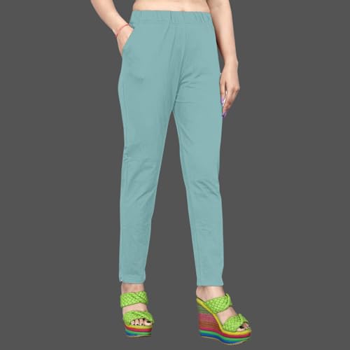 Image of Women's Solid Cotton Lycra Pants - High Waist Slim Fit Stretchable Leggings - Comfortable Long Trousers for Casual, Office & Everyday Wear