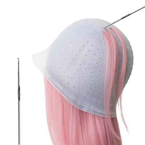Silicone Highlighting Cap with Pre Drilled Holes Reusable Professional Unisex Hair Streaking Cap with Hair Picking Hook for Hair Coloring Dyeing Staining Salon and Home Use (White 1 Pcs)