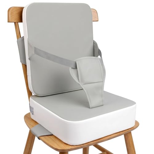 Image of Booster Seat for Kitchen Chair for Toddlers | Toddler Booster Seat for Dining Table with Backrest & Adjustable Straps, Non-Slip Portable Travel Cushion, Gray White