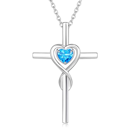 FANCIME Blue Topaz Cross Necklace For Women Sterling Silver Birthstone Necklace Blue Topaz Infinity Heart Cross Pendant December Birthstone Jewelry Gifts Valentines Day Gifts for Women