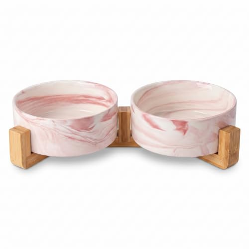 HCHLQLZ Marble Pink Ceramic Dog Bowl Feeding Bowl for Dogs Cats with Solid Wood Stand (Pack of 2)