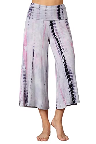 HEYHUN Women's Solid Tie Dye Wide Leg Flared Capri Boho Gaucho Pants w/Lace Detail