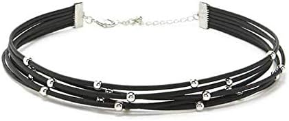 Anglacesmade Bohemia Layered Choker Necklace Black Leather Choker with Silver Beads Multilayer Choker for Women and Girls