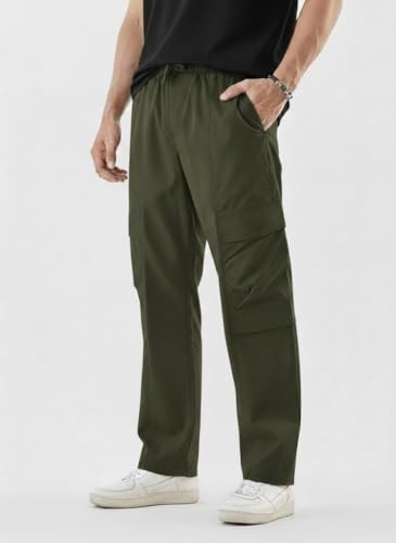 Image of Men's Cotton Cargo Pants | Straight Fit Casual Trousers for Men with Pockets | Lightweight & Breathable Pants with Elastic Waistband & Drawstring | Comfortable Lower for Mens