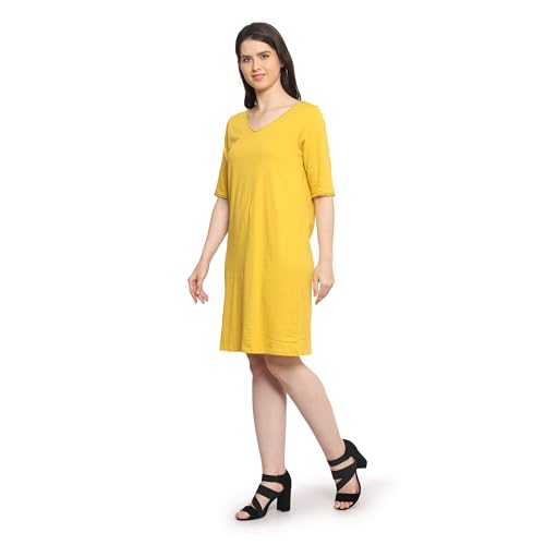 Image of Frenchtrendz Women's Cotton and Back Lace Designer V-Neck A-Line Knee Length Dress