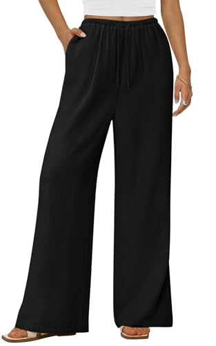 PRETTYGARDEN Summer Wide Leg Black Linen Pants Women with Pockets High Waist Drawstring Casual Palazzo Lounge Pants Women (Black, Medium)