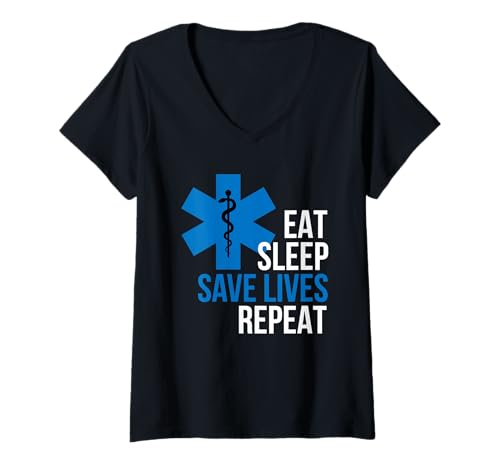 Damen Lustiges Eat Sleep Save Lives Repeat Cool EMS-Design Geschenk T-Shirt mit V-Ausschnitt