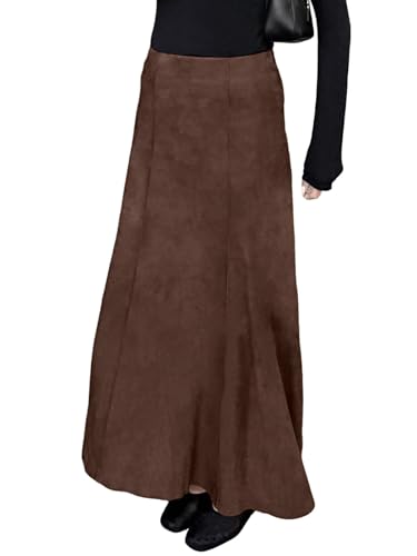 utcoco Womens Faux Suede Maxi Skirt Elegant High Waist A Line Midi Skirt for All Seasons
