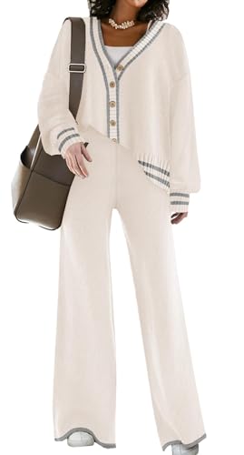 Image of Womens Two Piece Outfits Sweater Sets Open Front Knit Cardigan and Wide Leg Pants Sweatsuit Lounge Sets