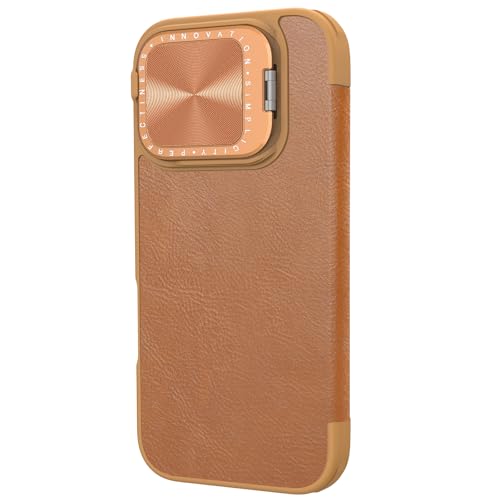 Image of Nillkin Case for Apple iPhone 16 Pro (6.3″ Inch) Qin Prop Leather Lens Protect + Stand Flip Folio + Card Slot 360 Protect Brown Color