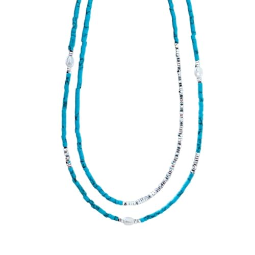 Collier court perles boho vintage turquoise style rétro argenté