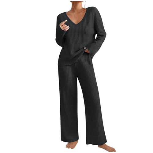 Schlafanzug Damen Loungewear Pyjama Set Zweiteiler Elegant Gerippt Homewear Herbst Outfit Lose Langarm V-Ausschnitt Oberteile Weitem Bein Hosen Sets Nachtwäsche Freizeit Hausanzug