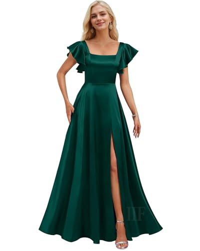 Image of IIF Short Sleeve Bridesmaid Dresses with Pockets Square Neck A-Line Satin Prom Gown Dress for Women with Slit IIF134