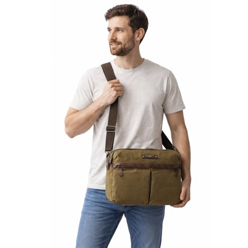 Image of Police Premium Messenger Bag for Men | Separate Laptop Compartment with Multiple Utility Pockets | Durable Canvas & Leather Trim | Adjustable Shoulder Strap | Olive Green