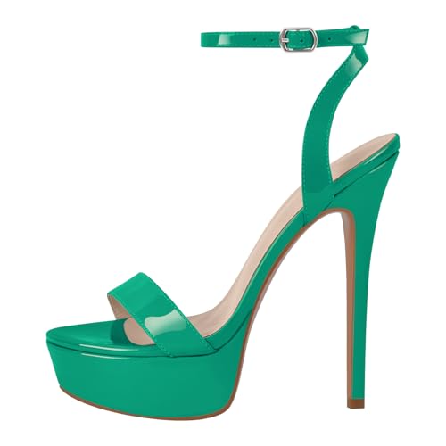 onlymakerheels Platform Stiletto High Heels for Women, Peep Round Open Toe Ankle Strap Sexy Heeled Sandals for Wedding Party Dress Green D Size14